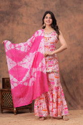 Short straight style kurti with sharara and dupatta sets