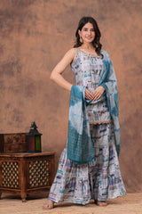Short straight style kurti with sharara and dupatta sets