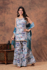 Short straight style kurti with sharara and dupatta sets