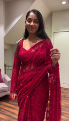 NEW SUPERHIT DESIGN ON FAUX GEORGETTE FABRIC WITH HEAVY EMBROIDERY & FANCY LACE WORK SAREE WITH STITCH BLOUSE