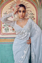 Premium Georgette Saree Embellished With Thread Embroidery And Beautiful Sequins Work