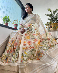 Plain Linen saree with digital print