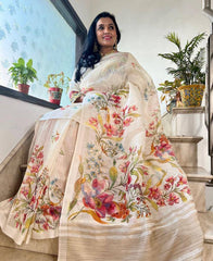 Plain Linen saree with digital print