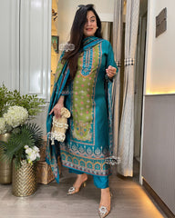 Beautiful Suit Sets in Pure KitKat Silk Top with Full Handwork Nack And Pent, And Kitkat Silk Duppata it is beautifully decorated Desgins With Kitkat Silk Duppata With Printed