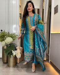 Beautiful Suit Sets in Pure KitKat Silk Top with Full Handwork Nack And Pent, And Kitkat Silk Duppata it is beautifully decorated Desgins With Kitkat Silk Duppata With Printed