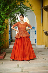 Lehenga Designer Sequins Embroidered Readymade Lehenga choli Set in orange with floral design, perfect for parties and functions.