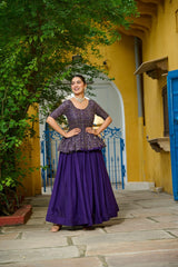 Lehenga Designer Sequins Embroidered Readymade Lehenga choli Set with stylish blouse and flared purple skirt.