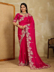 Saree for Wedding in Soft Fendy Chiffon with Embroidery Work Lace Border and Blouse Piece.