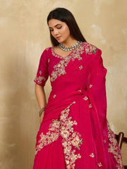 Saree for wedding in pink Soft Fendy Chiffon with embroidery work and lace border, featuring a running blouse piece.