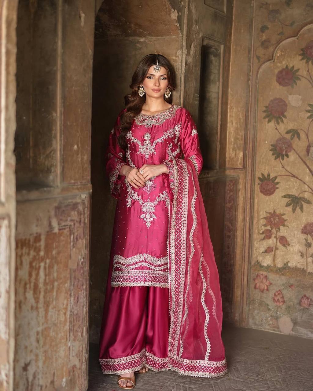 Fuchsia Pink Embroidered Silk Suit with Palazzo & Dupatta AllTreandy