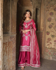 Fuchsia Pink Embroidered Silk Suit with Palazzo & Dupatta AllTreandy