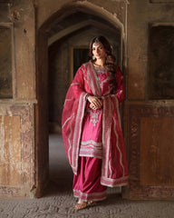 Fuchsia Pink Embroidered Silk Suit with Palazzo & Dupatta AllTreandy