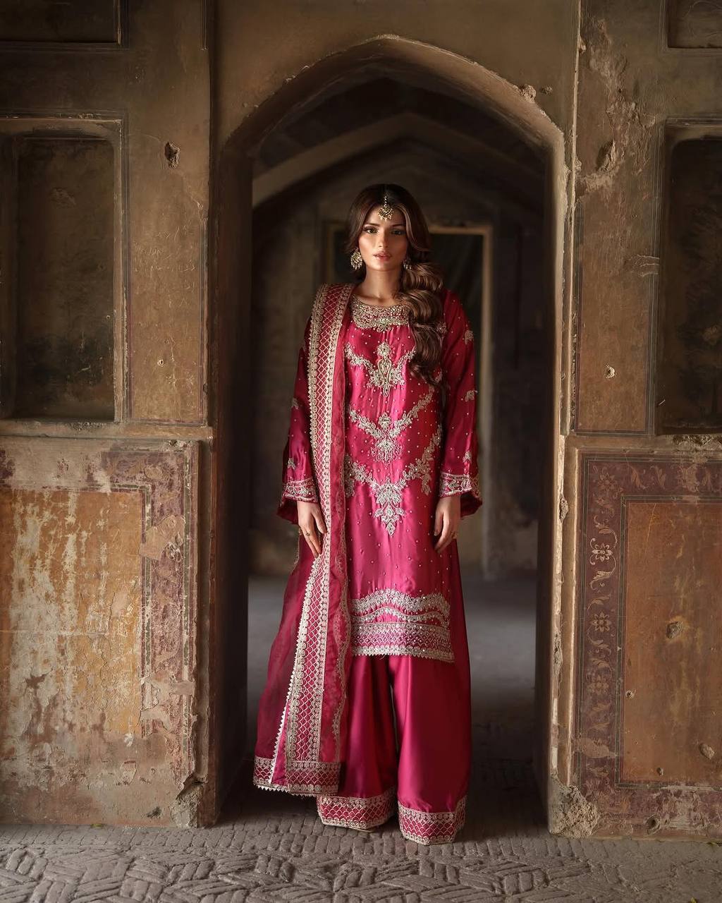 Fuchsia Pink Embroidered Silk Suit with Palazzo & Dupatta AllTreandy