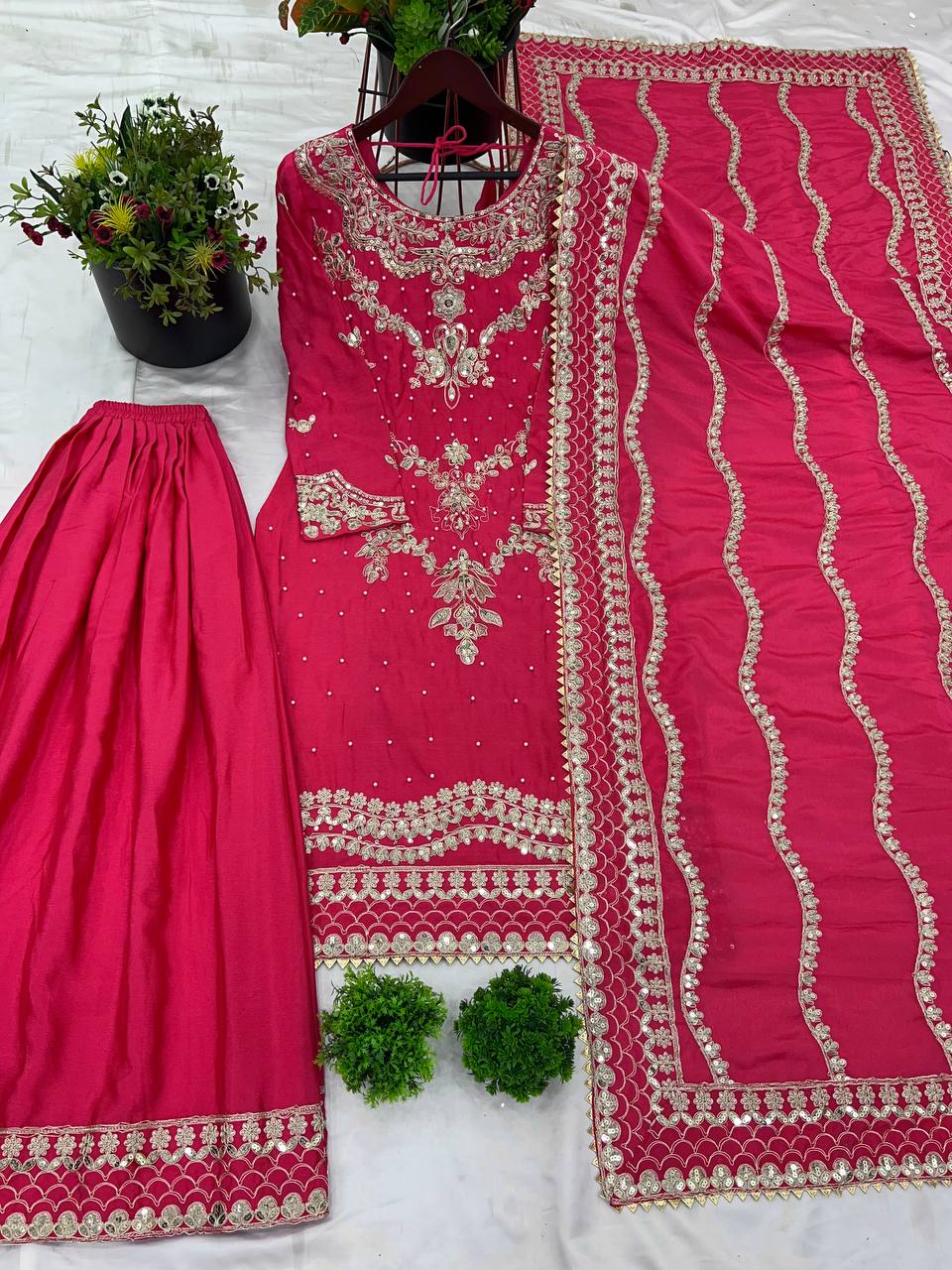 Fuchsia Pink Embroidered Silk Suit with Palazzo & Dupatta AllTreandy