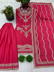 Fuchsia Pink Embroidered Silk Suit with Palazzo & Dupatta AllTreandy