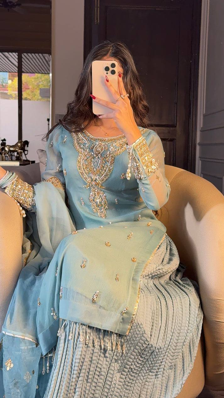 Sky Blue Faux Georgette Suit with Embroidered Sharara & Dupatta AllTreandy