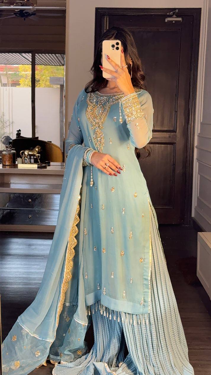 Sky Blue Faux Georgette Suit with Embroidered Sharara & Dupatta AllTreandy