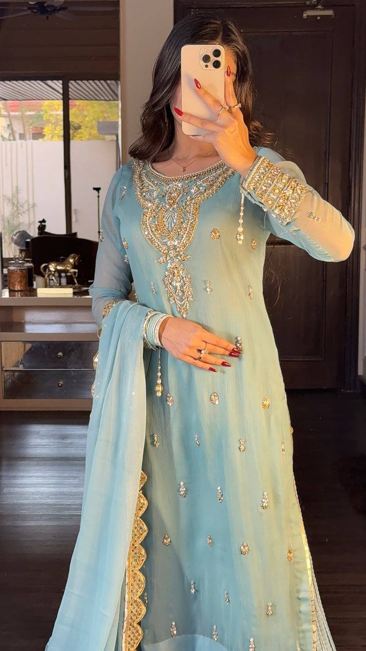 Sky Blue Faux Georgette Suit with Embroidered Sharara & Dupatta AllTreandy
