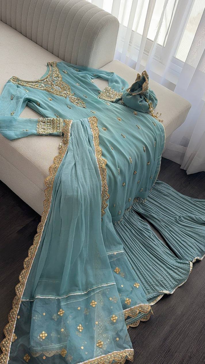 Sky Blue Faux Georgette Suit with Embroidered Sharara & Dupatta AllTreandy