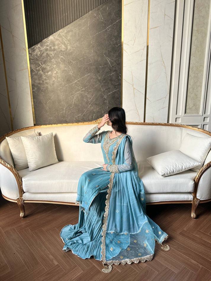 Sky Blue Faux Georgette Suit with Embroidered Sharara & Dupatta AllTreandy