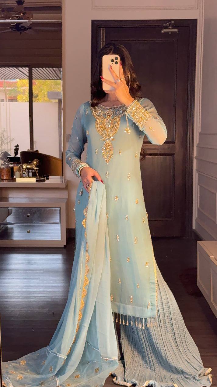Sky Blue Faux Georgette Suit with Embroidered Sharara & Dupatta AllTreandy