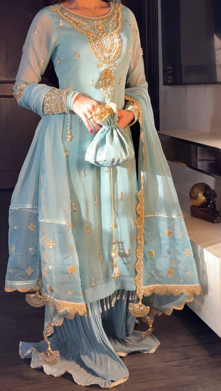 Sky Blue Faux Georgette Suit with Embroidered Sharara & Dupatta AllTreandy