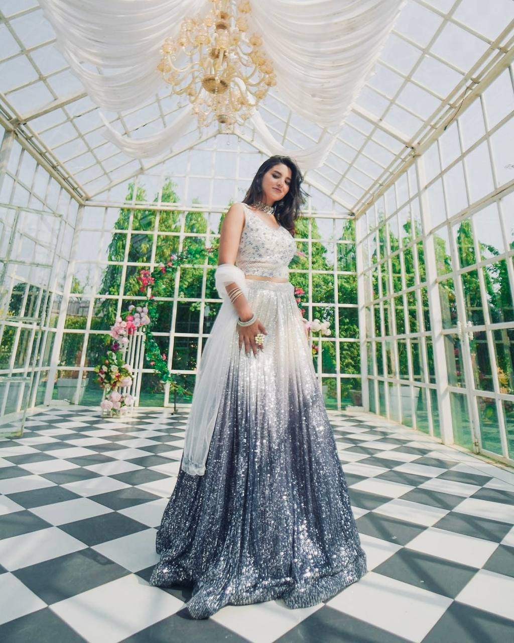 White & Silver Ombre Sequin Lehenga with Embroidered Blouse & Dupatta AllTreandy
