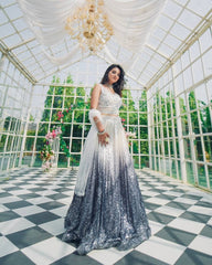 White & Silver Ombre Sequin Lehenga with Embroidered Blouse & Dupatta AllTreandy