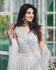 White & Silver Ombre Sequin Lehenga with Embroidered Blouse & Dupatta AllTreandy
