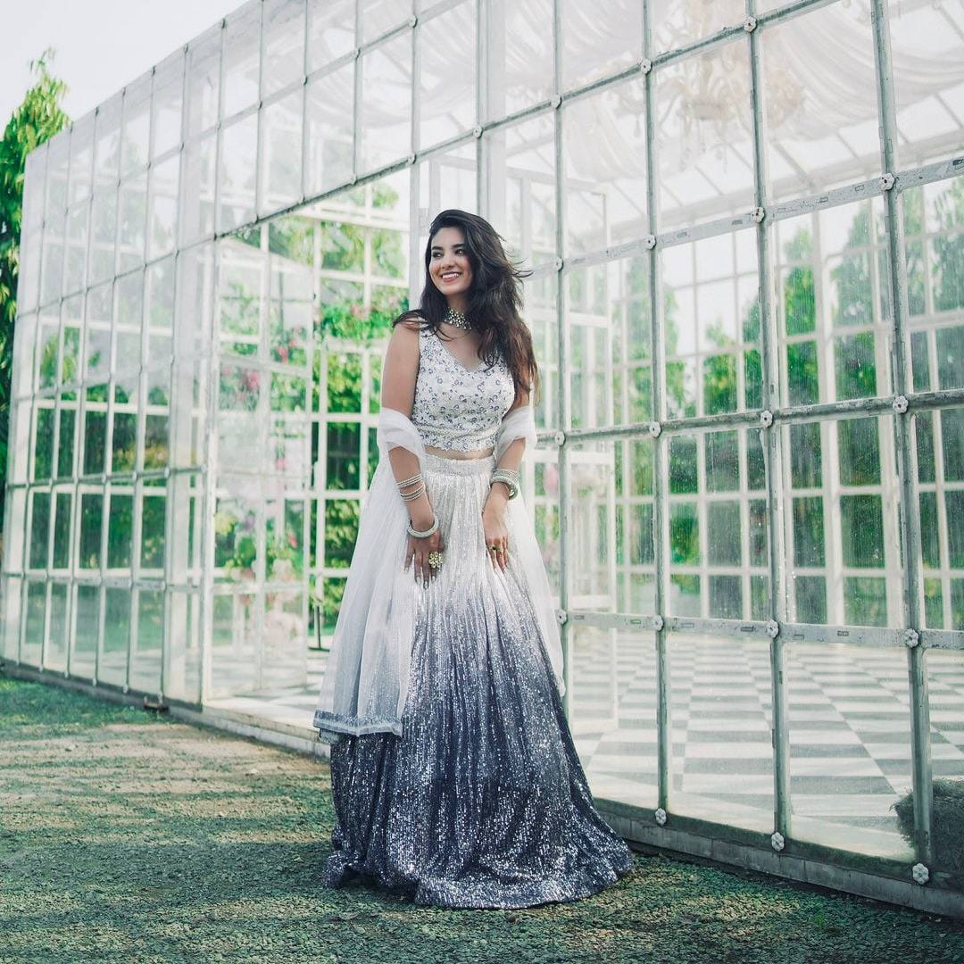White & Silver Ombre Sequin Lehenga with Embroidered Blouse & Dupatta AllTreandy