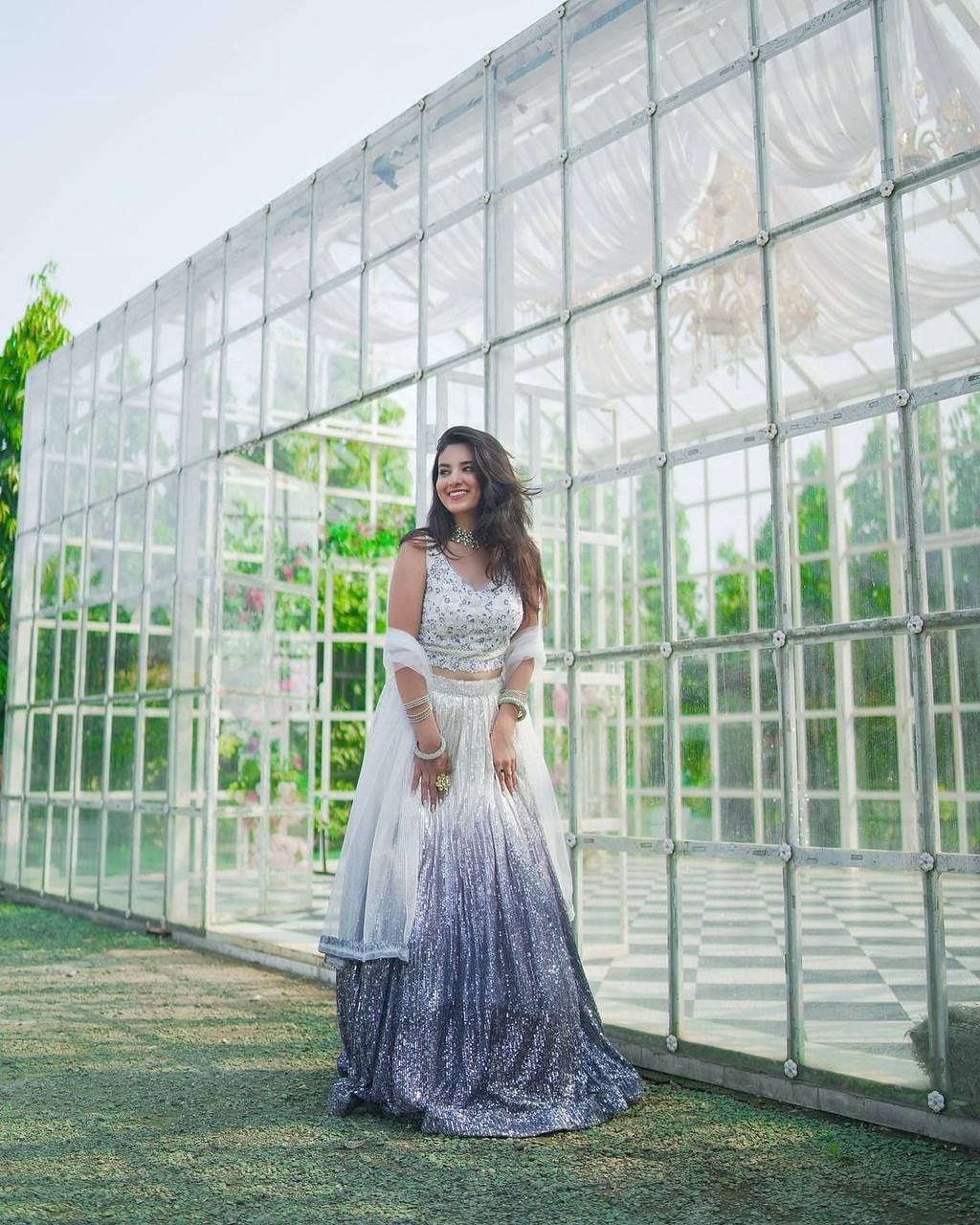 White & Silver Ombre Sequin Lehenga with Embroidered Blouse & Dupatta AllTreandy