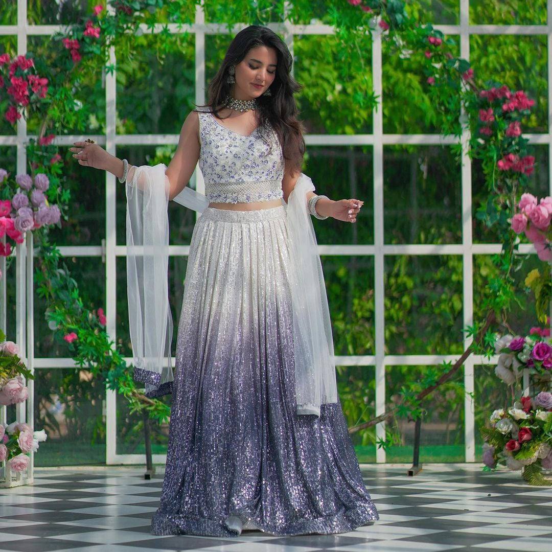 White & Silver Ombre Sequin Lehenga with Embroidered Blouse & Dupatta AllTreandy