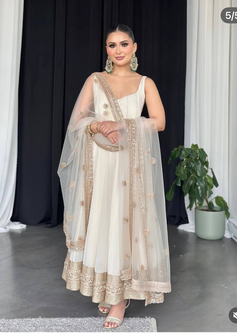 White Anarkali Gown with Sequined Net Dupatta AllTreandy
