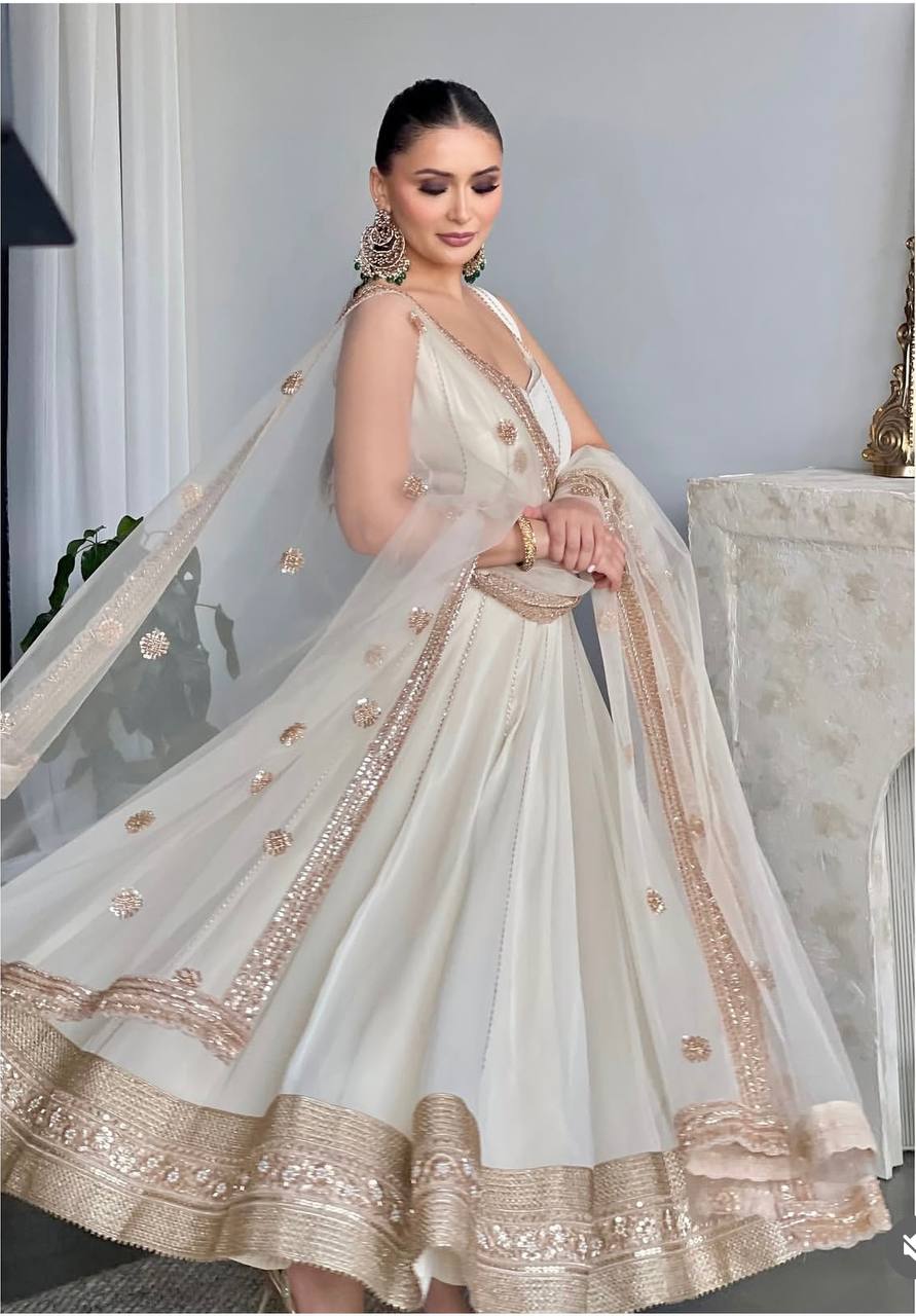 White Anarkali Gown with Sequined Net Dupatta AllTreandy