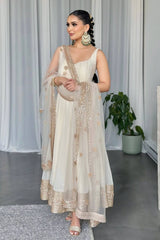 White Anarkali Gown with Sequined Net Dupatta AllTreandy