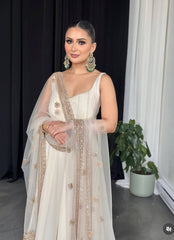 White Anarkali Gown with Sequined Net Dupatta AllTreandy