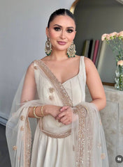 White Anarkali Gown with Sequined Net Dupatta AllTreandy