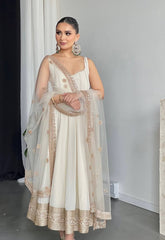 White Anarkali Gown with Sequined Net Dupatta AllTreandy