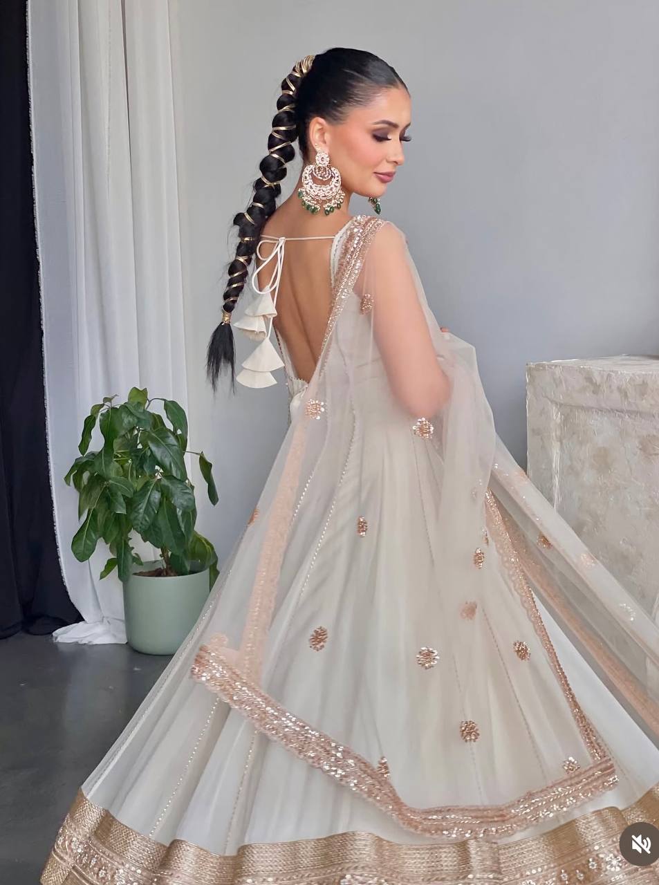 White Anarkali Gown with Sequined Net Dupatta AllTreandy