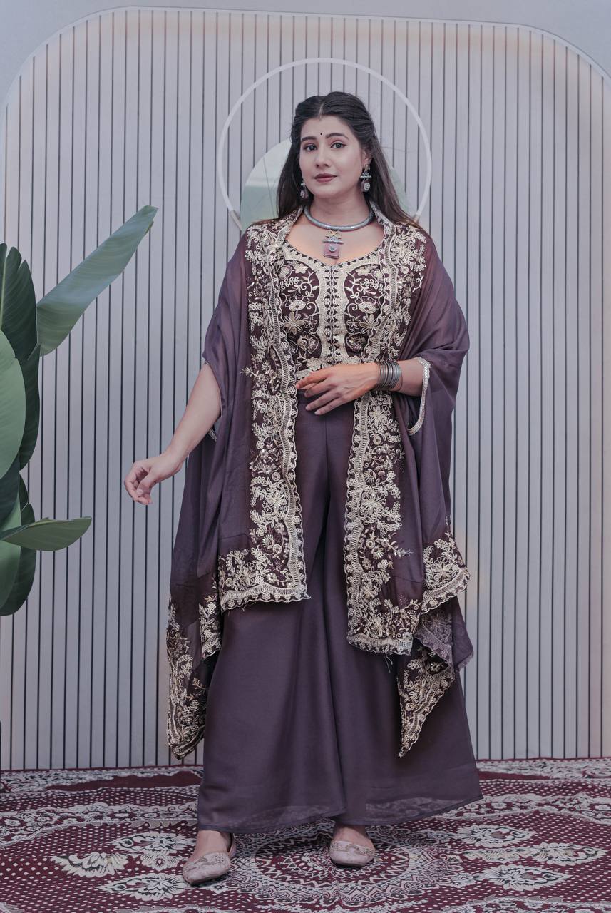 Deep Plum Palazzo Suit with Heavy Embroidery & Dupatta AllTreandy