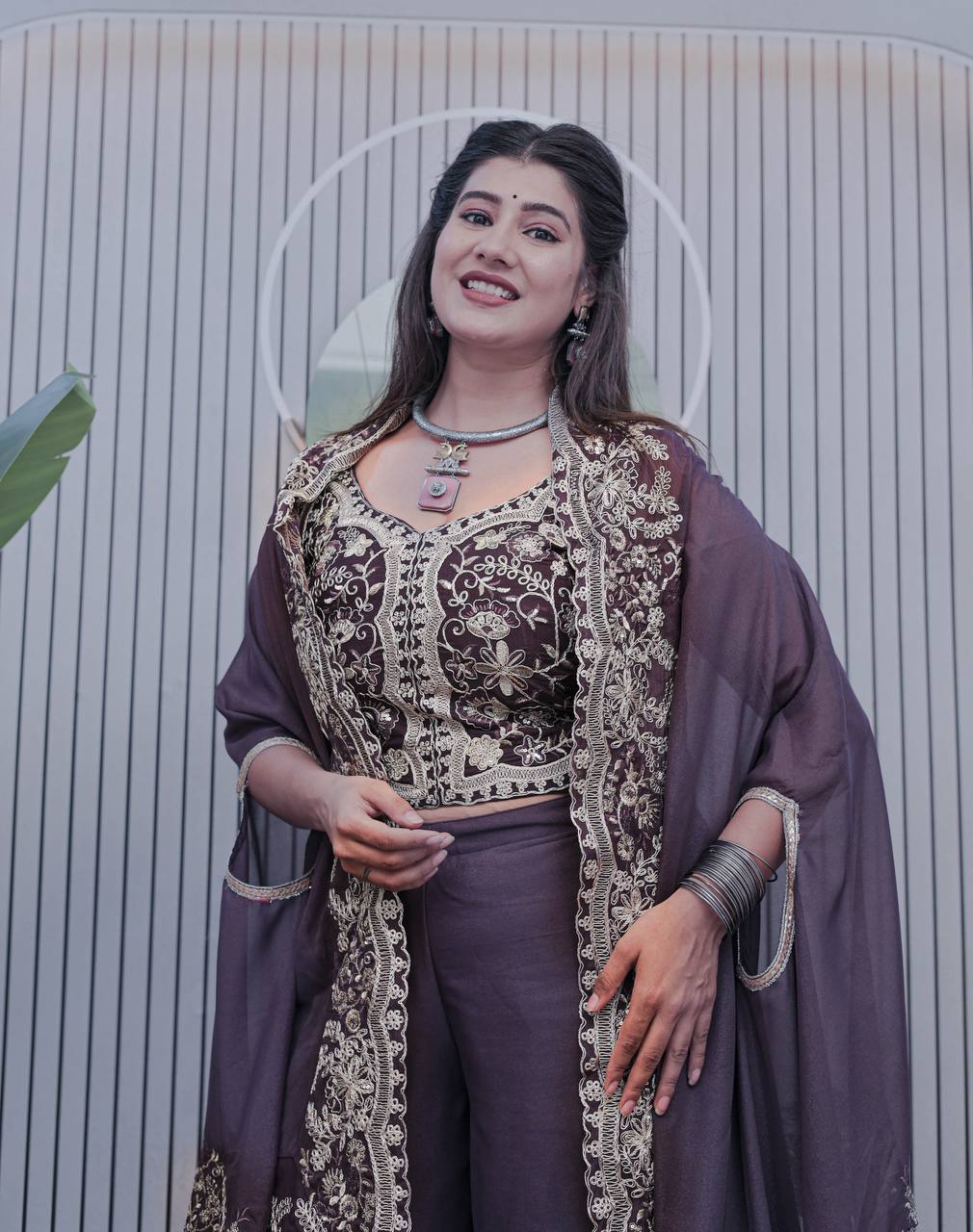 Deep Plum Palazzo Suit with Heavy Embroidery & Dupatta AllTreandy