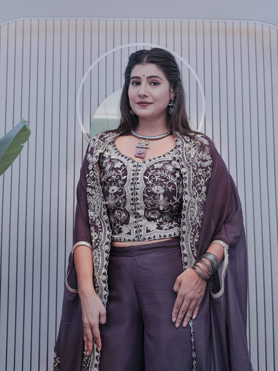 Deep Plum Palazzo Suit with Heavy Embroidery & Dupatta AllTreandy