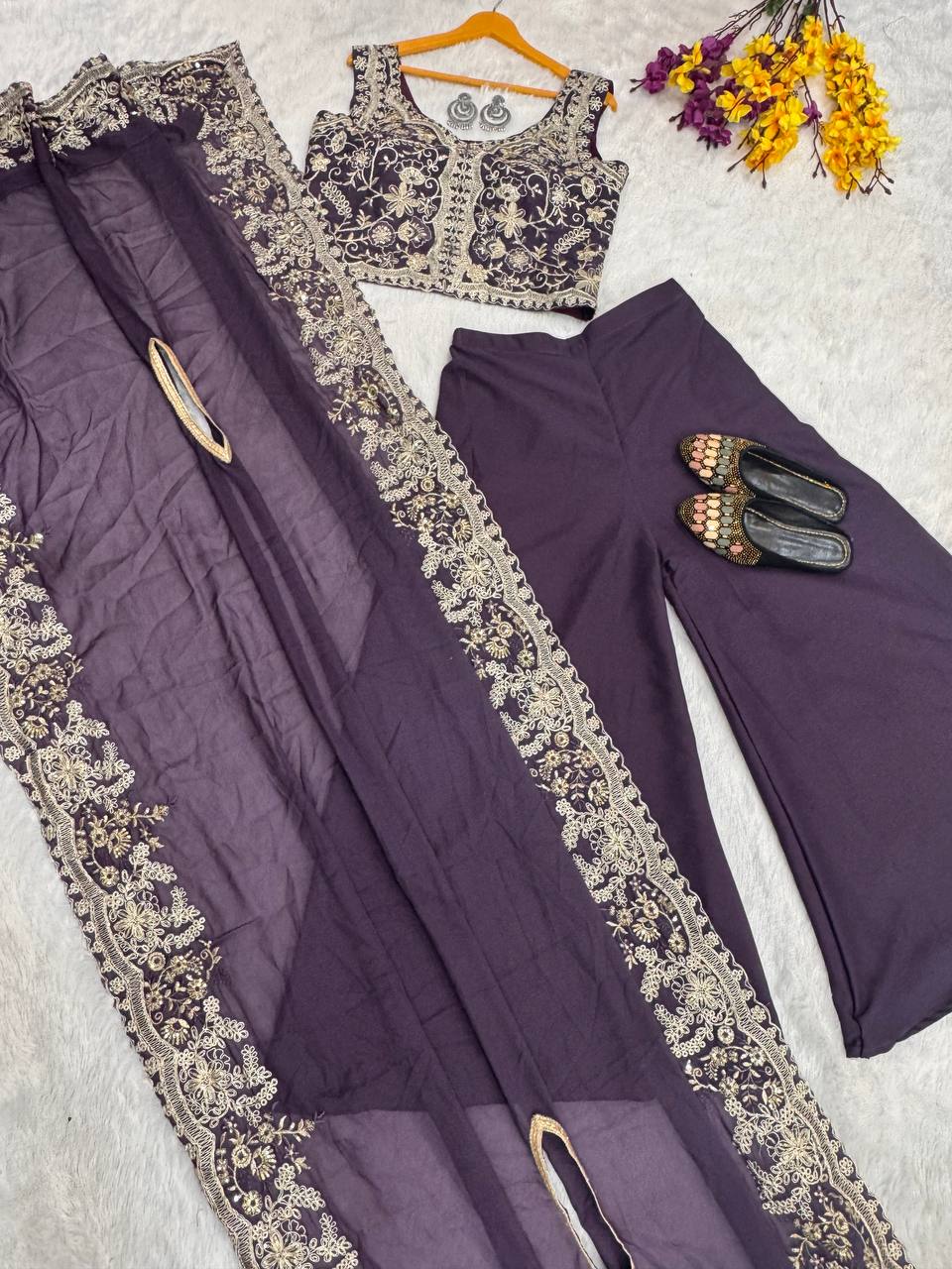 Deep Plum Palazzo Suit with Heavy Embroidery & Dupatta AllTreandy