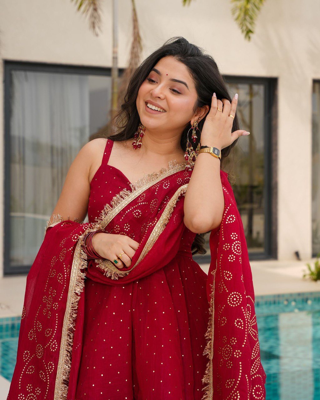 Crimson Red Sharara Set with Mirror Work & Gold Detailing – Festive and Wedding Wear AllTreandy