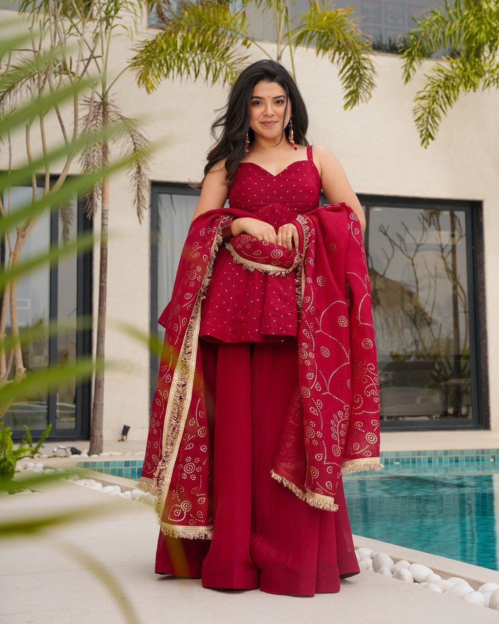 Crimson Red Sharara Set with Mirror Work & Gold Detailing – Festive and Wedding Wear AllTreandy