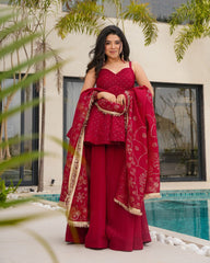 Crimson Red Sharara Set with Mirror Work & Gold Detailing – Festive and Wedding Wear AllTreandy