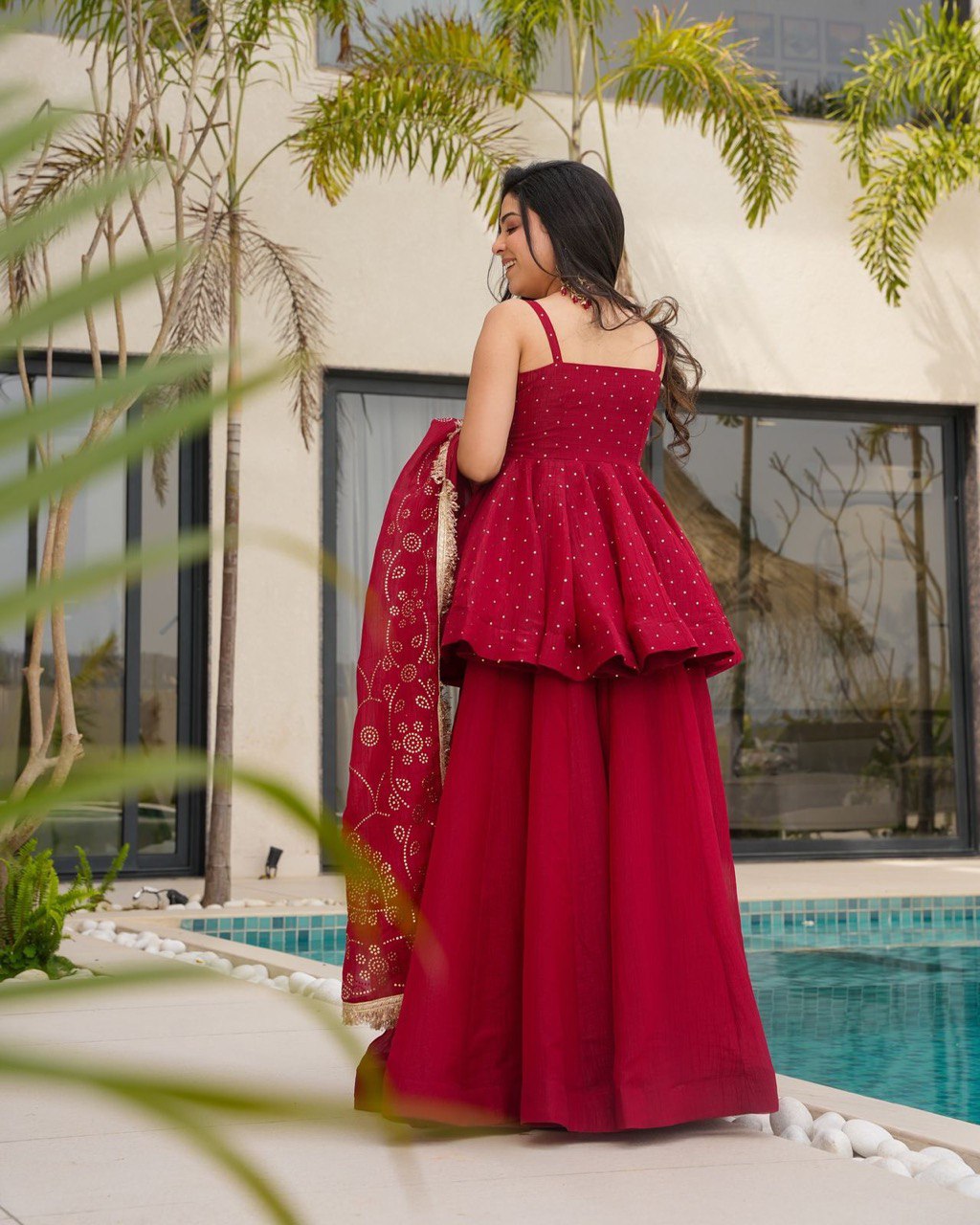 Crimson Red Sharara Set with Mirror Work & Gold Detailing – Festive and Wedding Wear AllTreandy