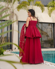 Crimson Red Sharara Set with Mirror Work & Gold Detailing – Festive and Wedding Wear AllTreandy
