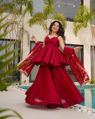 Crimson Red Sharara Set with Mirror Work & Gold Detailing – Festive and Wedding Wear AllTreandy