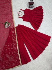 Crimson Red Sharara Set with Mirror Work & Gold Detailing – Festive and Wedding Wear AllTreandy